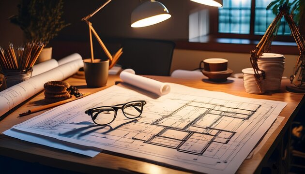 cluttered desk displays intricate blueprints and technical drawings under warm lamp light reading glasses rest on paper during late hours construction blueprints dim