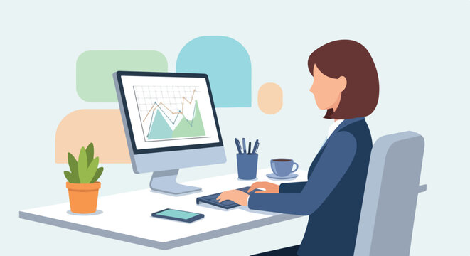 A female professional sits at an office desk, analyzing financial data on a computer screen with coffee and a plant nearby.