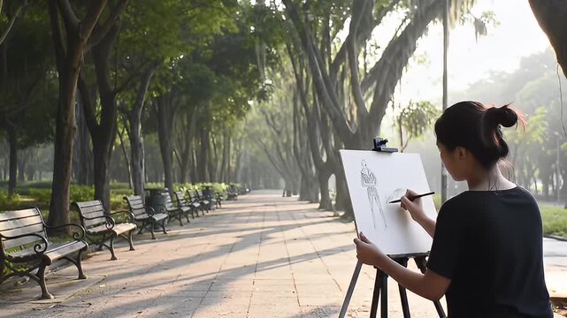 Woman draws on canvas in tranquil, tree-lined park with benches along a stone path