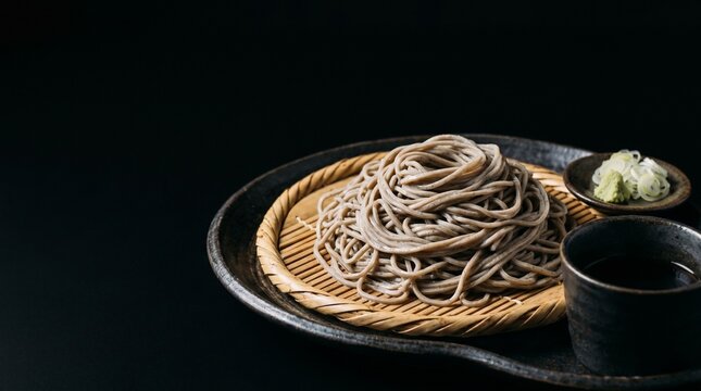 漆黒の背景に映える日本の伝統的な「ざるそば」。みずみずしい麺の質感と薬味がドラマチックな陰影で浮かび上がる、蕎麦のクローズアップ写真