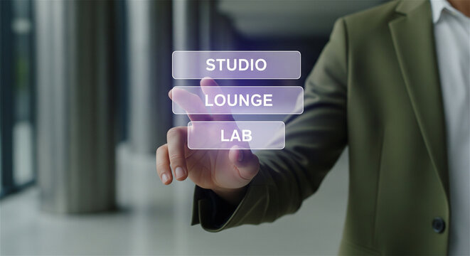 Futuristic virtual interface with studio lounge and lab buttons, businessman touching digital holographic menu, innovative workspace technology