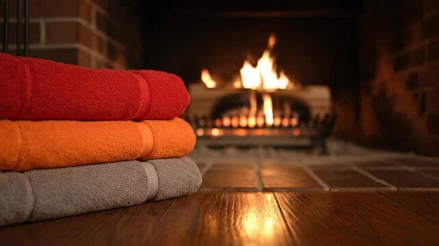 A stack of three neatly folded cotton towels in red, orange, and grey sits on a polished wooden floor in front of a warm, burning brick fireplace with soft glowing flames.
