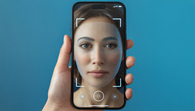 This is an image of a woman ' s hand holding up a cell phone with a face scan on the screen