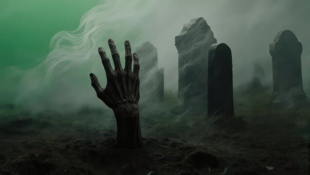 Zombie hand emerging from grave in foggy cemetery at night, spooky Halloween scene.