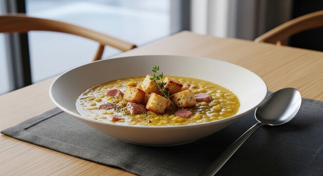 Bowl of traditional french canadian split pea soup with ham and croutons on wooden table