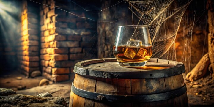 A glass of amber liquid with ice cubes rests on a weathered wooden barrel within a dimly lit brick cellar, a spiderweb draped in the background