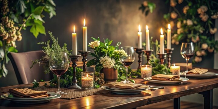 Romantic candlelit dinner setting with wine glasses, rustic wooden table, and floral decorations