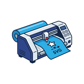 A blue and white vinyl cutter machine with a roll of blue material and a blade cutting a star and SVG from it.