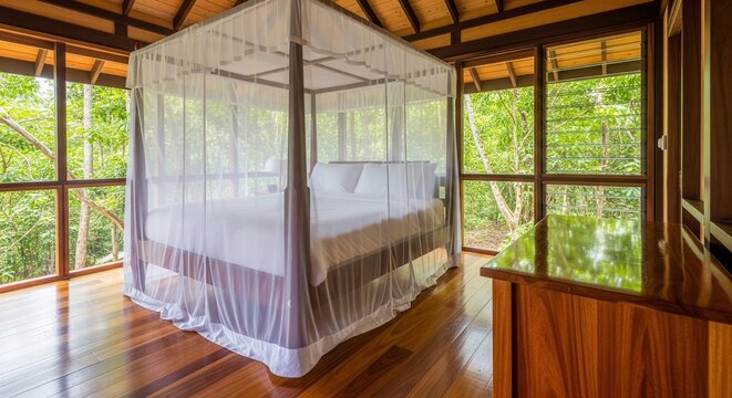 Tropical bedroom interior with canopy bed and mosquito net in wooden eco lodge house in jungle