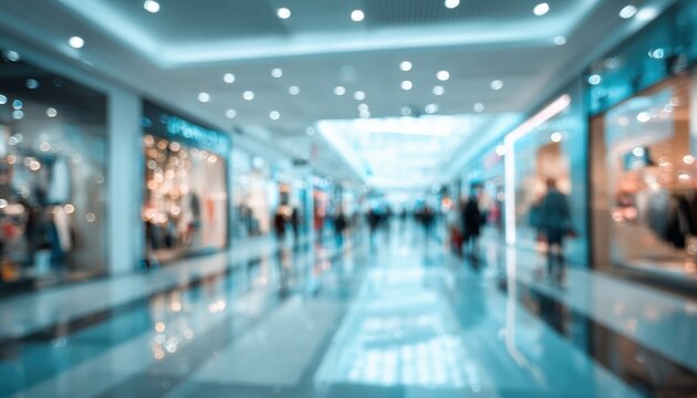 Blurry Shopping Mall And Retail Store Interior Abstract Background Design For Marketing And Advertising. Focus On Contemporary Shopping Experience.