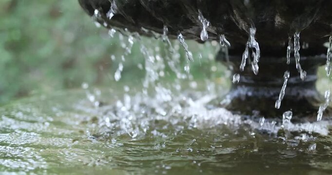 Fountain water splashing and droplets hitting surface, Serene spa like atmosphere, Relaxation, Wellness, Refreshing and peaceful mood, creating ripples. Fresh, Natural, Relaxing and detailed motion