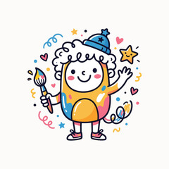 Fototapeta premium A happy cartoon child in a colorful art smock and hat, holding a paintbrush and surrounded by celebratory confetti and stars.