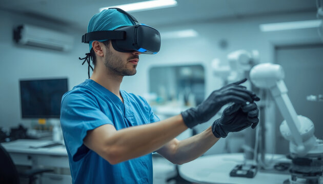 There is a man wearing a virtual reality headset in a lab
