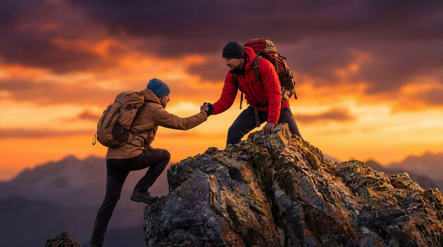 Hiker helping partner climb a rocky mountain peak at sunset, symbolizing teamwork, trust, and assistance in nature