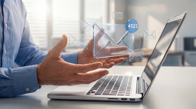 Businessman overwhelmed by a massive influx of spam emails, shown by a 3D icon with 4523 unread messages