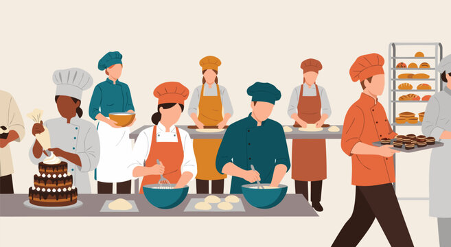 Vector illustration of a busy culinary school kitchen with students learning to bake and decorate cakes and pastries