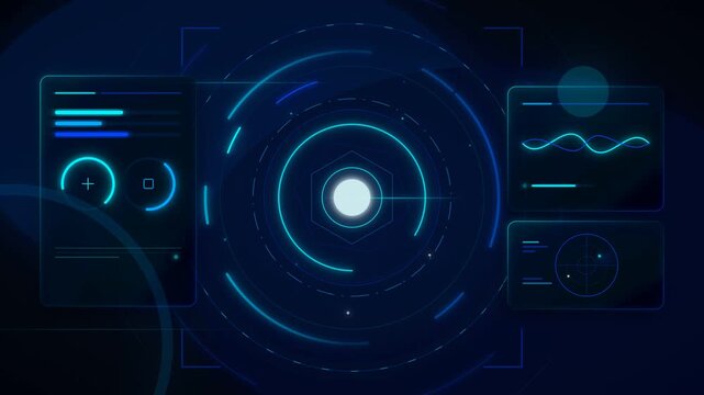 Futuristic digital interface HUD showing rotating scanning circles and data analysis charts in motion video clip