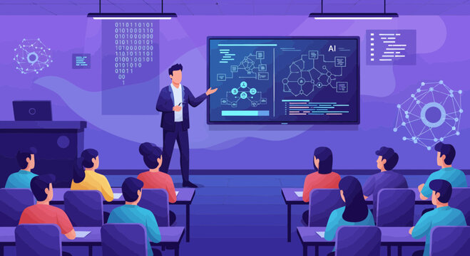 Teacher standing in front of classroom.