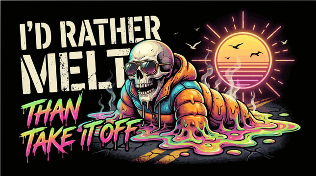 Funny Melting Skeleton in Hoodie Summer Heat Meme Illustration - I'd Rather Melt Than Take It Off Sarcastic Graphic