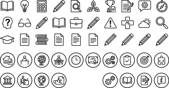 Education and business line icons mega collection featuring linear vector symbols for school university office and corporate management