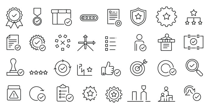 Quality Control Icon Design Featuring Evaluation, Inspection, Product Testing, Certificate Verification, Quality Check, Defect Analysis and Assurance Process