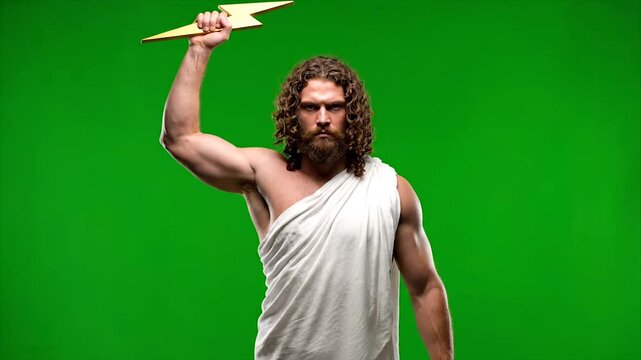 Muscular bearded man in toga holding golden trident posing dramatically against green background