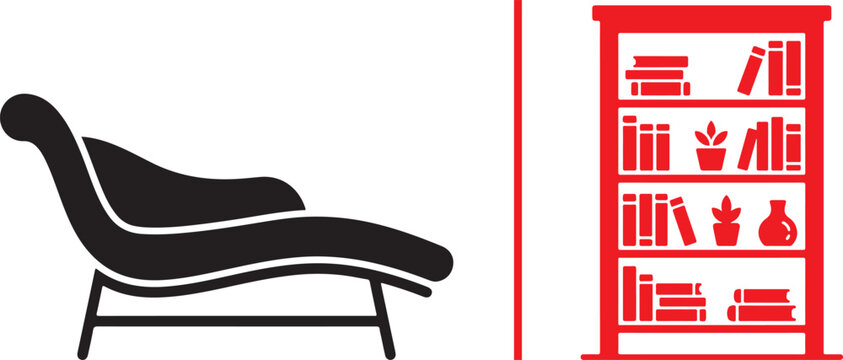 Minimalist vector graphic showing a black chaise lounge chair on the left, separated by a vertical red line from a red bookcase filled with books and plants on the right.