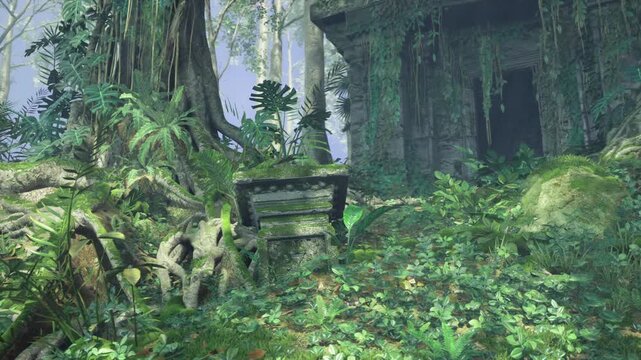 shadowed vine draped stone shrine doorway nestled among giant tree roots and thick moss dim chamber opening hints at hidden story and fantasy ambience ideal