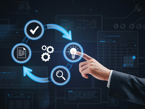 Business process management and workflow optimization concept with hand interacting with icons, technology background