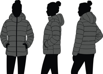 Woman silhouette wearing winter down jacket vector template, showing front side and back view © RENYRANI
