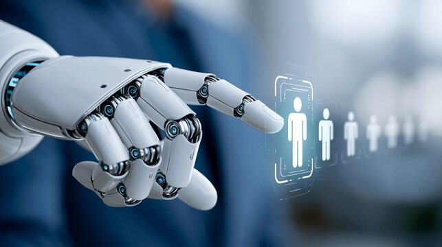 Close-up of a robotic hand selecting a highlighted human profile from a row of digital icons, automated recruitment concept, AI hiring photography, candidate screening