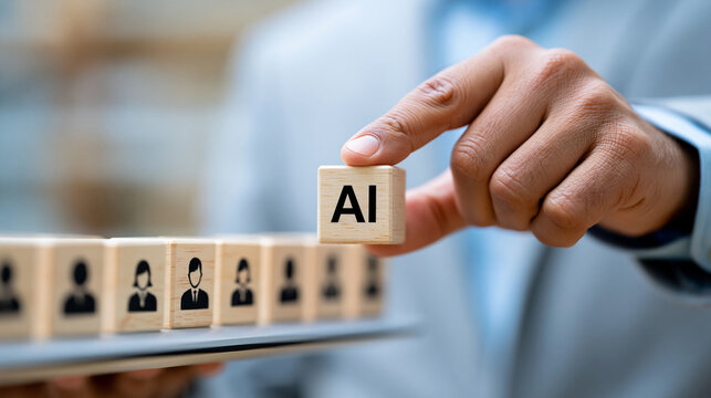 Close-up of a businessman selecting an AI cube from a row of employee blocks symbolizing AI in human resources, AI in HR concept, AI cube selection photography, artificial