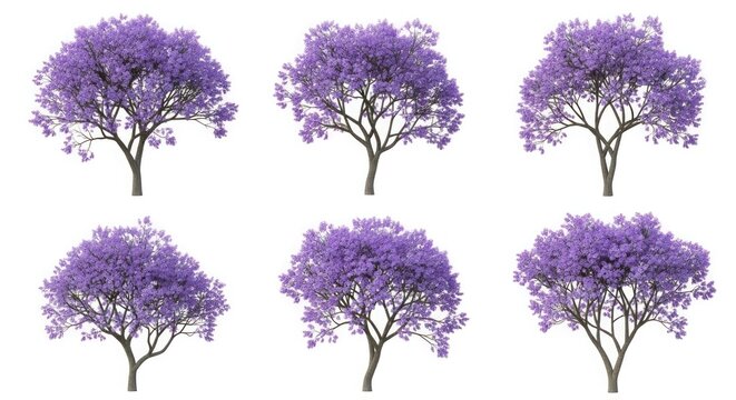 Set of six beautiful blooming purple jacaranda trees with vibrant flowers and green leaves isolated for landscape design and garden architecture projects
