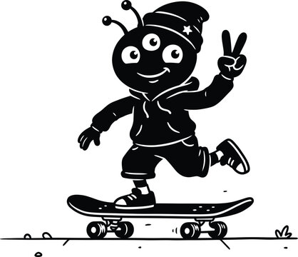 Three eyed alien character skateboarding making peace sign sticker vector illustration of cute space monster on skateboard wearing hoodie and beanie for streetwear fashion and urban lifestyle art