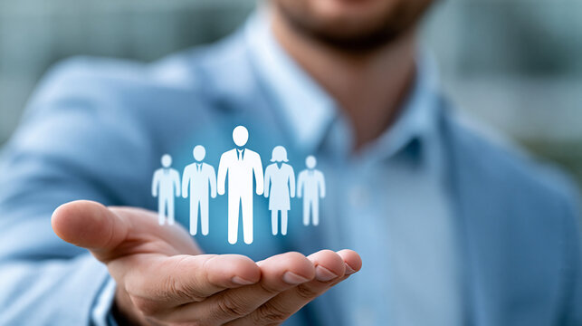 Close-up of a businessman holding a team leader and employee profile selection hologram, digital leadership concept, team profile hologram photography, recruitment and HR