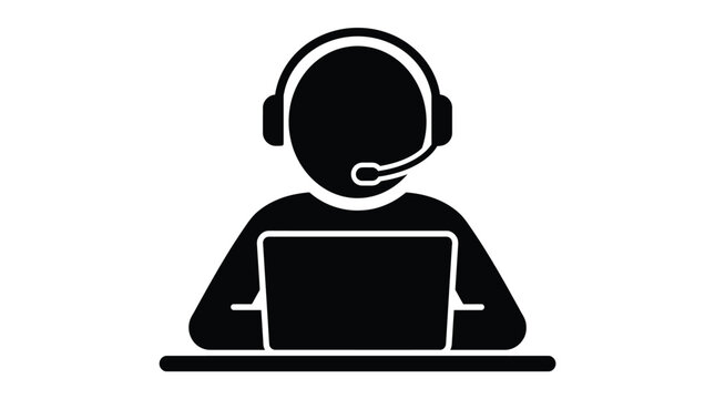 Minimalist black icon showing a customer service representative wearing a headset and using a laptop