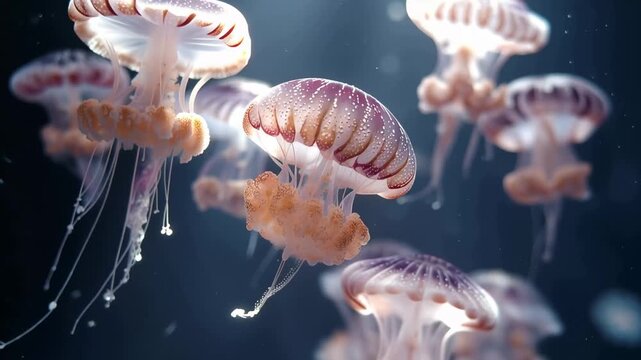 Colorful jellyfish swimming gracefully in blue water in an aquarium during daytime providing a lively view of underwater life and marine creatures
