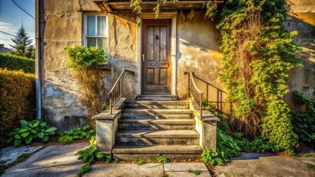 Sunlit Stone Steps Leading to an Aged Wooden Door of a Rustic Building