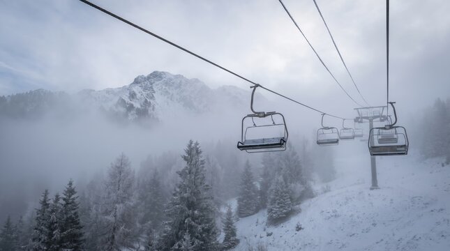 Snowy mountain ski lift in fog.