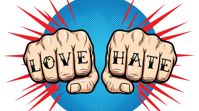 Two clenched fists featuring love and hate knuckle tattoos in a vibrant comic book style illustration