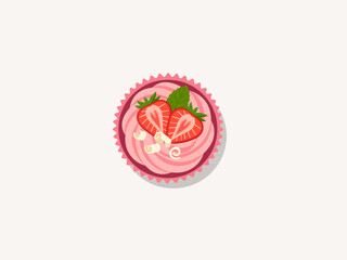 Strawberry cupcake top view with pink frosting, fresh sliced strawberries, mint leaf, and white chocolate curls vector © Akasha Design