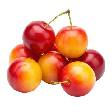 A cluster of fresh rainier cherries with yellow and red gradient skin isolated on a solid black background