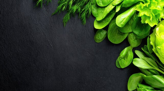 Fresh green lettuce and herbs arranged on a dark slate surface, creating a vibrant contrast