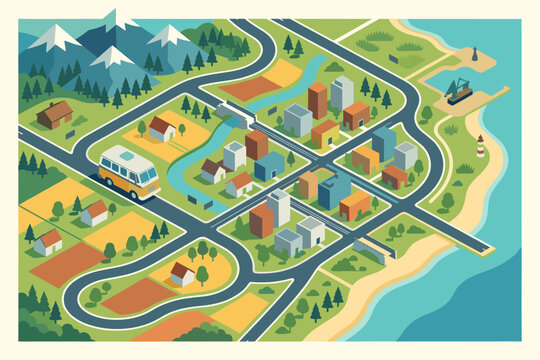 Road trip across North Carolina map with vintage camper van travel concept vector