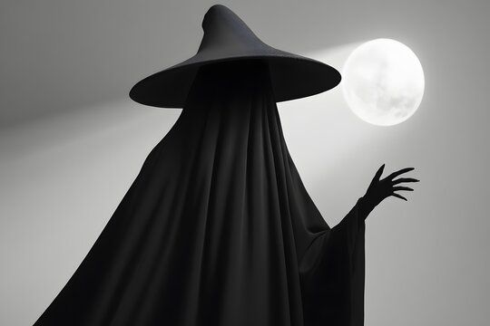 A grayscale photograph showcases a shadowy figure adorned with a distinctively shaped, dark hat that comes to a sharp point at the top and features a wide