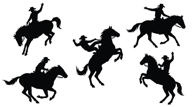 Silhouettes of cowboys riding horses in various action poses captured in this sharp black graphic image