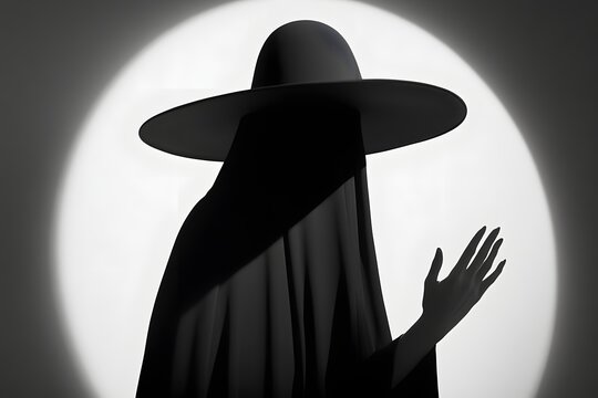 A grayscale photograph showcases a shadowy figure adorned with a distinctively shaped, dark hat that comes to a sharp point at the top and features a wide