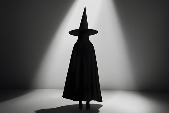 A grayscale photograph showcases a shadowy figure adorned with a distinctively shaped, dark hat that comes to a sharp point at the top and features a wide