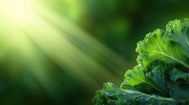 Bright rays of sunlight illuminate fresh, green kale leaves against a blurred green backdrop