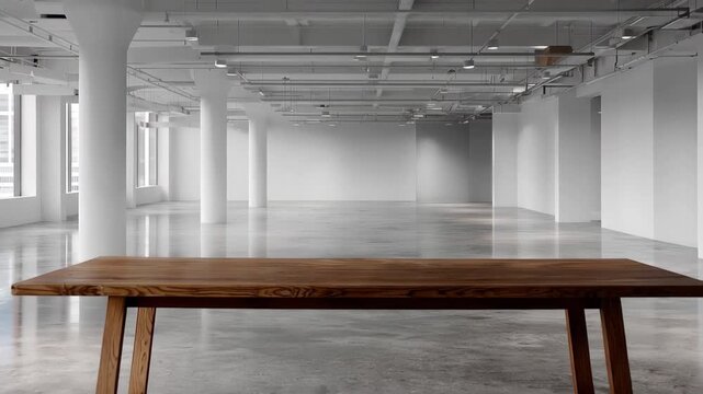 Open space with wooden table in an empty room inside a modern building during daylight